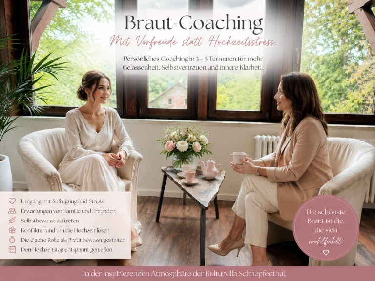 Hochzeitscoaching vor der Trauung Entspannt und gelassen zum großen Tag. Mit professionellem Coaching gewinnen Brautpaare ihre innere Ruhe zurück und können ihre Hochzeit bewusst genießen. Coaching für Brautpaare
Umgang mit Nervosität und Lampenfieber
Stressabbau vor der Hochzeit
Mentale Vorbereitung auf den großen Tag