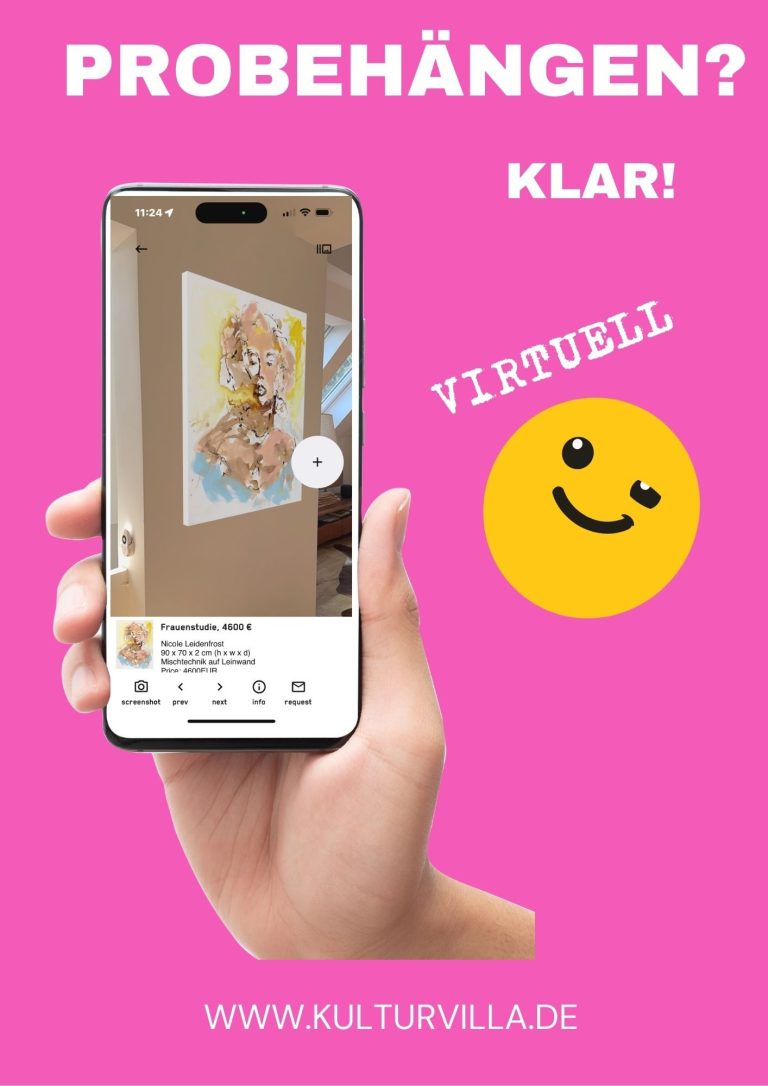 Smartphone zeigt Kunstwerk mit Text "Probehängen? Klar! Virtuell!" auf pinkem Hintergrund.