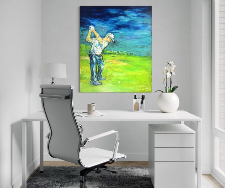 Golfkunstwerk "Schlag in die Weite" – Golfkunst in zeitloser Eleganz, mehr Infos auf Bild klicken