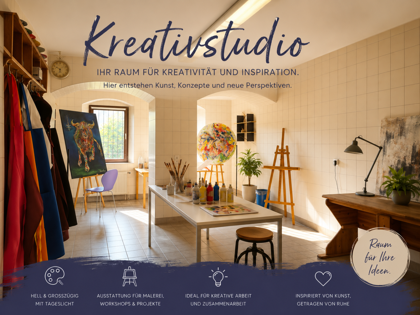 Kreativität entspannt Körper und Geist: Persönliche Malsessions in unserem Kreativstudio fördern Entspannung und Inspiration.