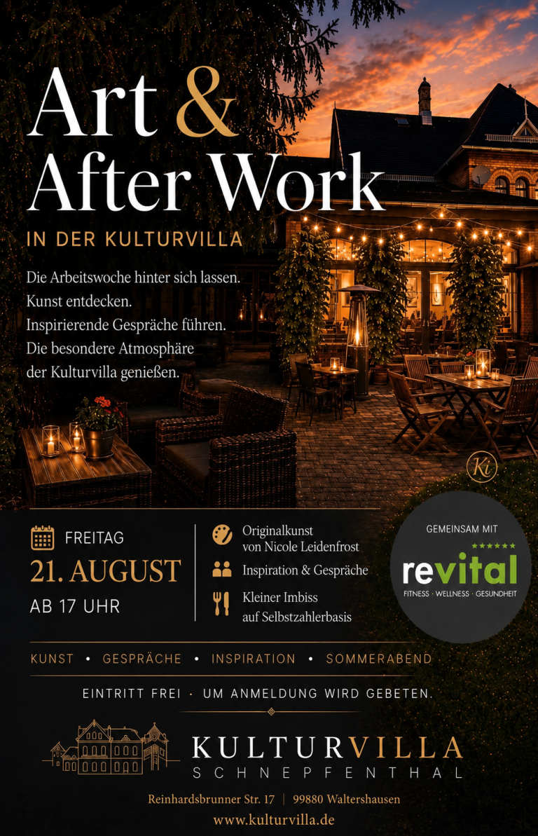 Ein Flyer für die Veranstaltung „Art & After Work“ in der Kulturvilla mit Details und Datum.