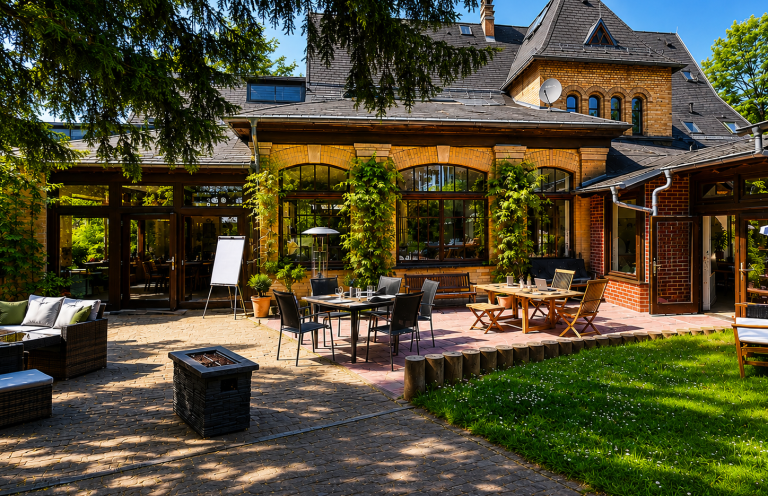 Innenhof der Kulturvilla Schnepfenthal für gemeinsame Mittagspausen und informelle Gespräche bei Business-Veranstaltungen.