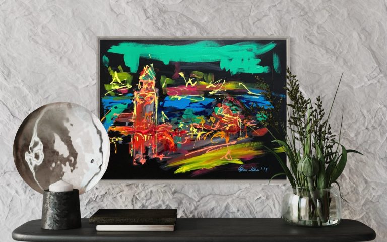 Nighttime/Landungsbrücken, 80 x 60 cm, Mischtechnik auf Leinwand, 3900 € - für mehr Informationen und Bildmaterial gerne anrufen. 