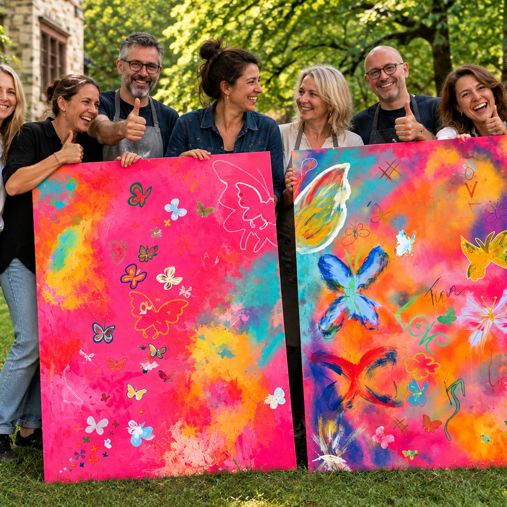 Mitarbeiter präsentieren gemeinsam gestaltete Kunstwerke mit Unternehmenswerten nach einem kreativen Teamtag. Mitarbeiter präsentieren gemeinsam gestaltete Kunstwerke mit Unternehmenswerten nach einem kreativen Teamtag.