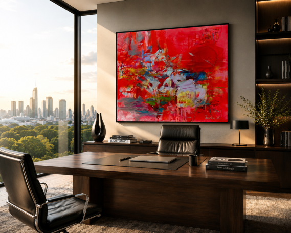 Moderne Büroumgebung mit rotem abstraktem Kunstwerk und Aussicht auf die Stadt.