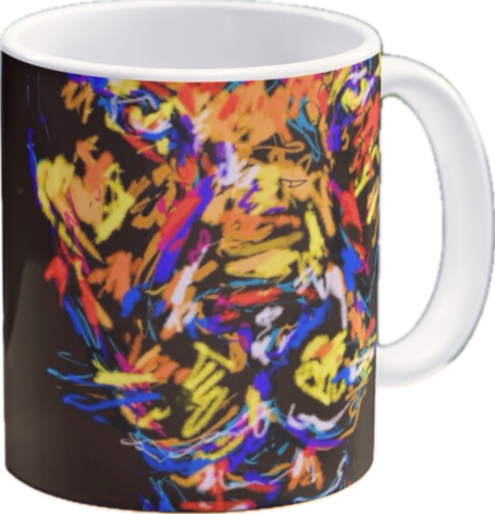 Bunte Kaffeetasse mit abstraktem, lebhaftem Muster in verschiedenen Farben.