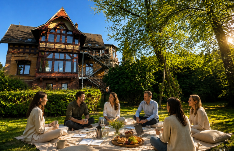Parkähnlicher Garten der Kulturvilla Schnepfenthal mit alten Bäumen für entspannte Tagungspausen und Walk-and-Talk-Gespräche.
