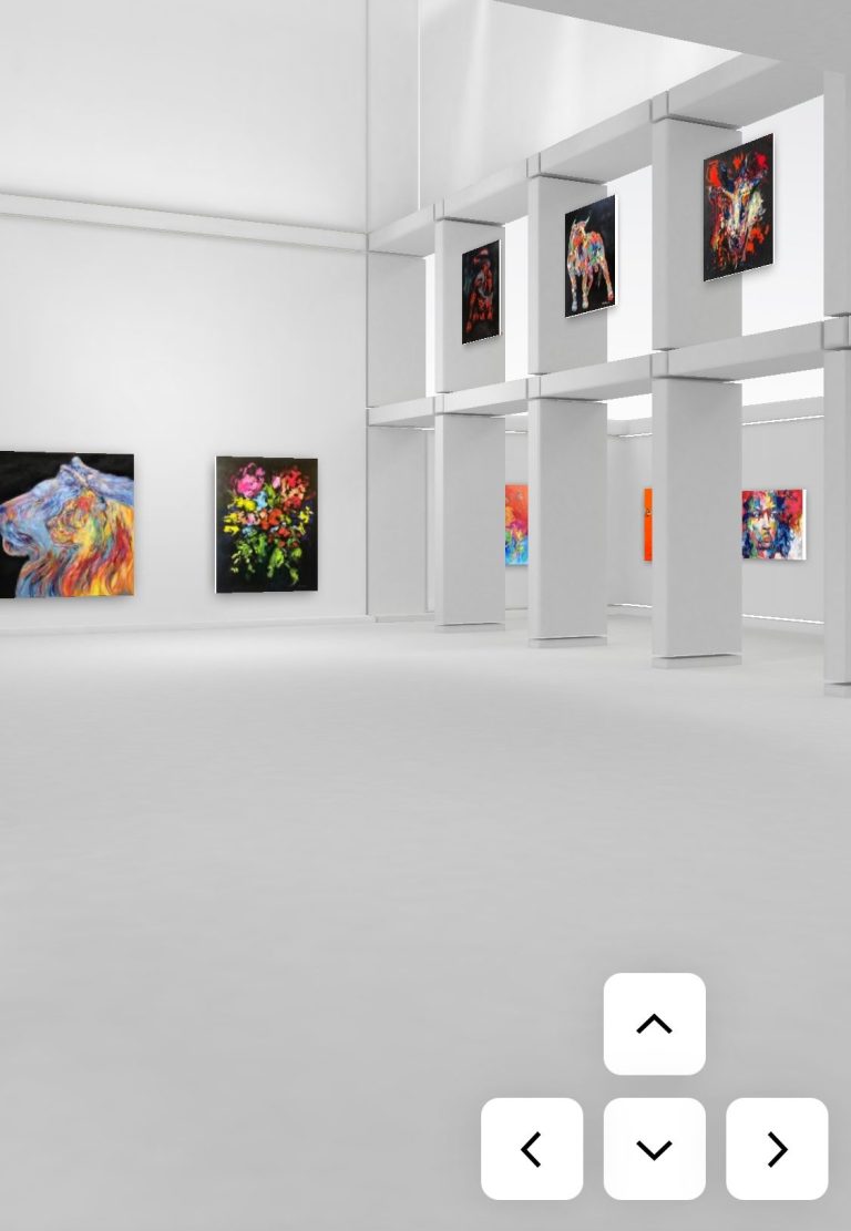 Weißer Ausstellungsraum mit bunten Bildern an den Wänden und einem minimalistischen Design.